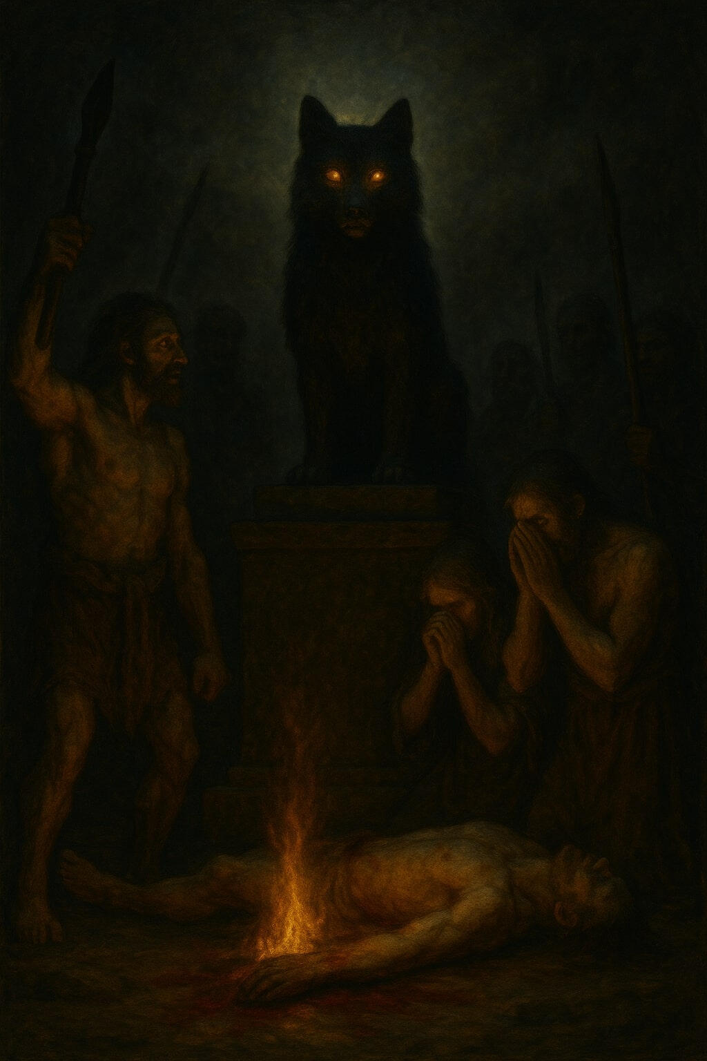 Totemtier: Symbolisch aufgeladenes Tier Urhorde um den Toten versammelt, Totemtier im Hintergrund