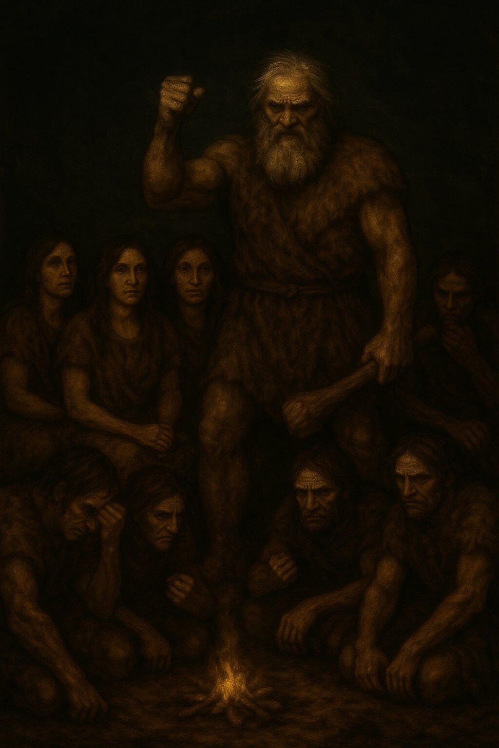 Urhorde: Gesellschaft in der Frühzeit Die Urhorde mit Vater, Frauen und Söhnen sitzen ums Lagerfeuer