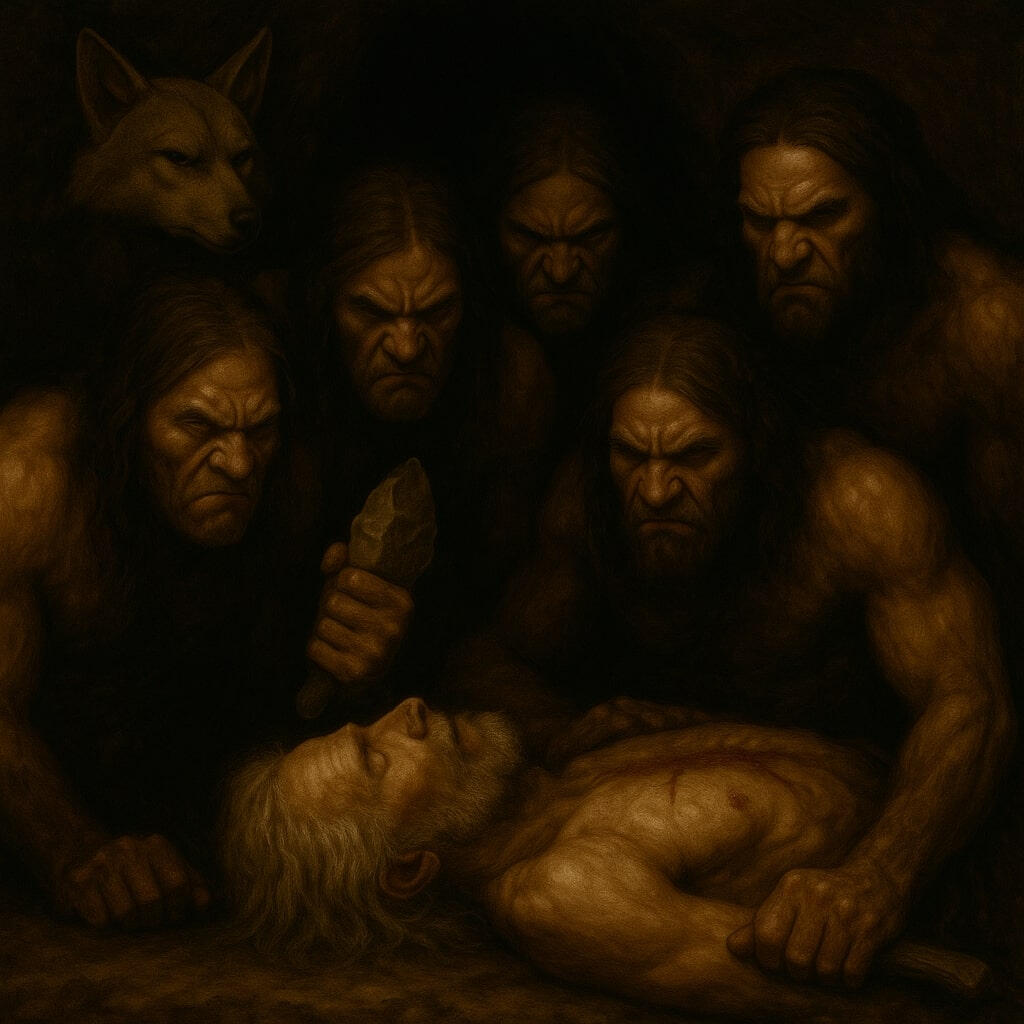 Vatermord: Spiritueller Ausgang der Kultur Söhne der Urhorde um den toten Vater versammelt, Wolf im Hintergrund