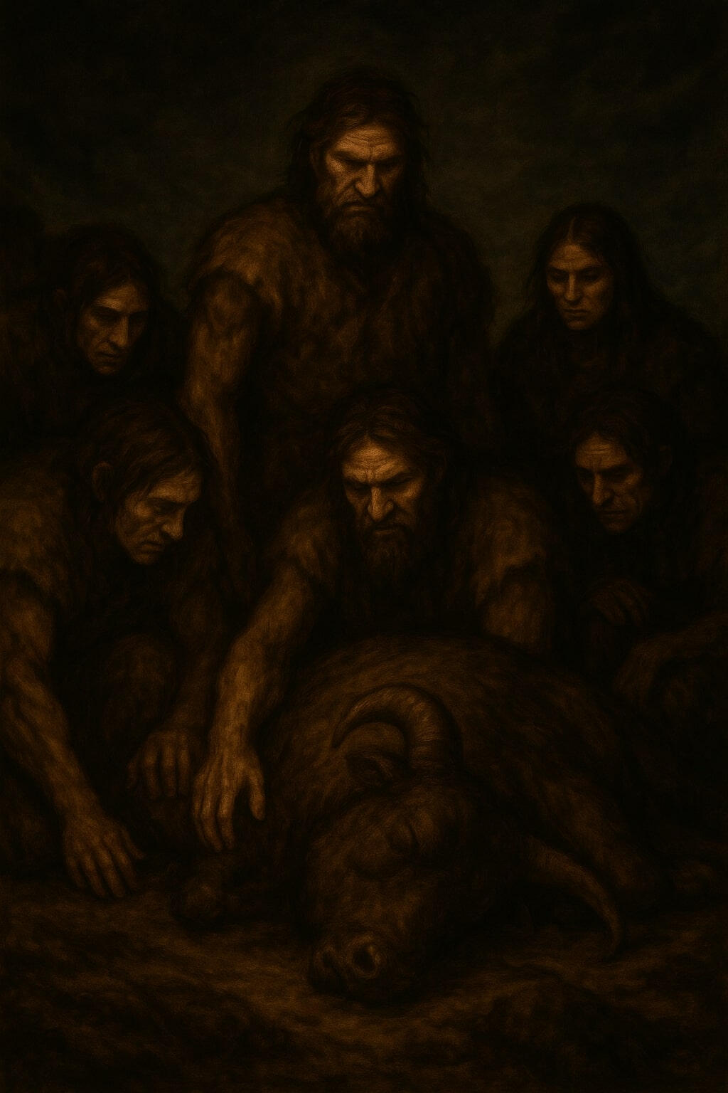 Urhorde: Symbolisches Totem-Mahl beim Verzehr eines Tieres Urhorde um ein totes Tier versammelt