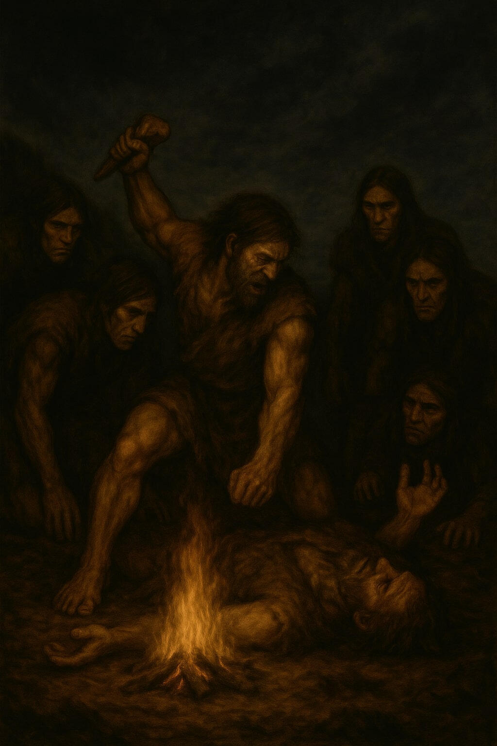 Vatermord: Freuds psychoanalytische Theorie zur Kulturentstehung Sohn der Urhorde steht über sterbendem Vater mit Knüppel in der Hand und schlägt zu, Urhorde darum versammelt